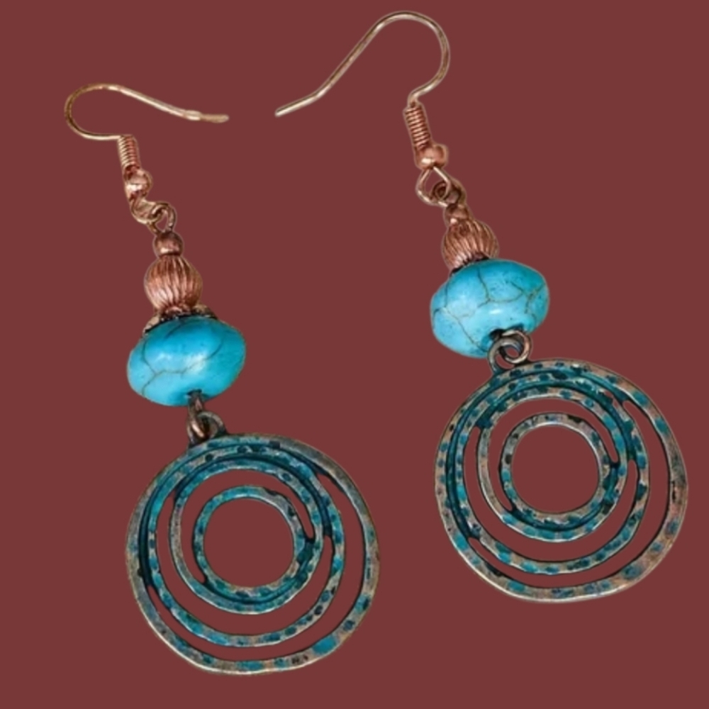 Turquoise Blue Copper Spiral Drop Earrings #407 - Picture 4 of 4